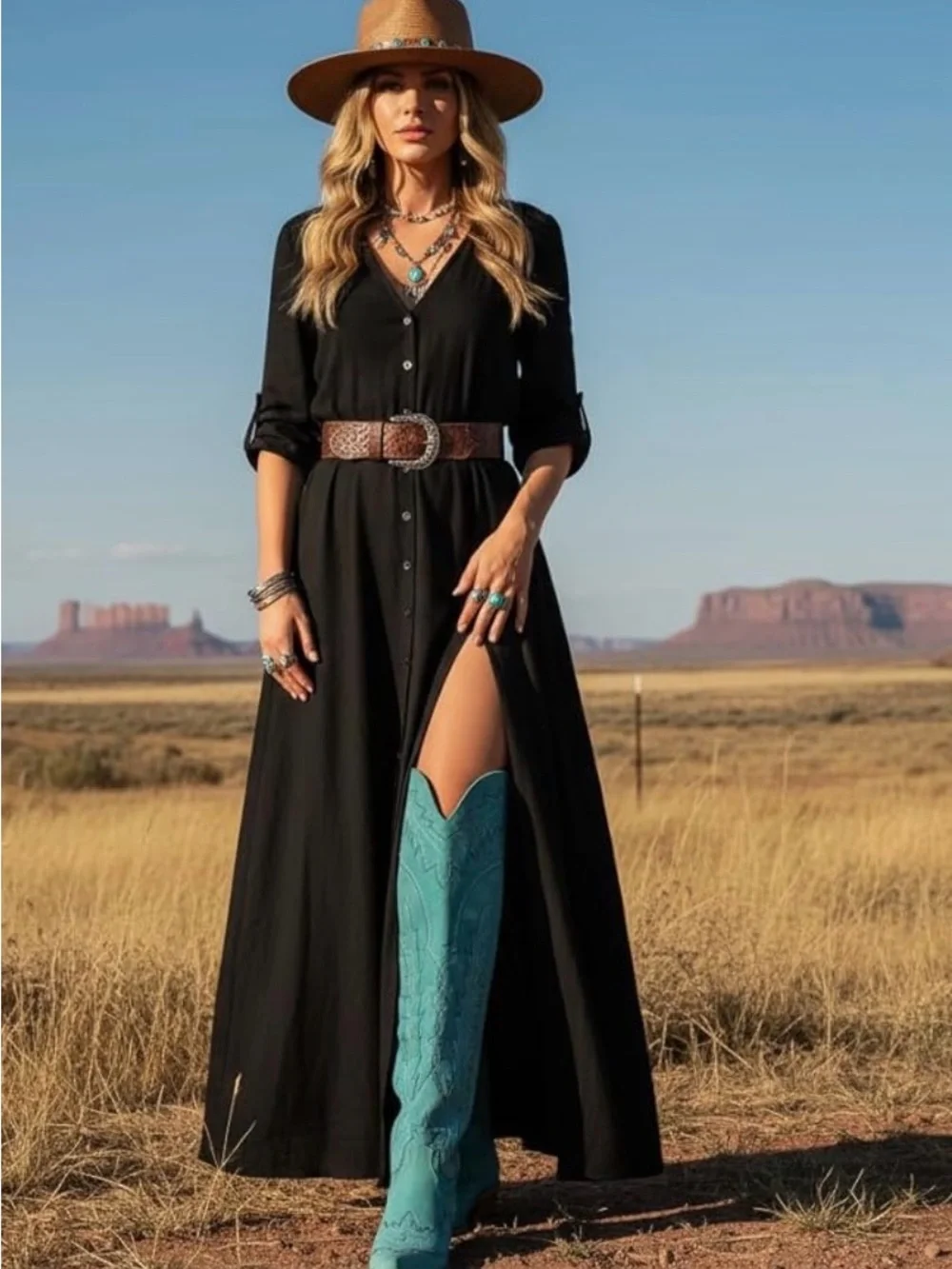 Women's Western Knee-High Stitch-Detail Boots in turquoise color Blue
